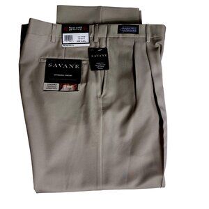 Savane Mens Expandable Waist Pleated Khaki Pants 40W X 32L Wrinkle Free Comfort